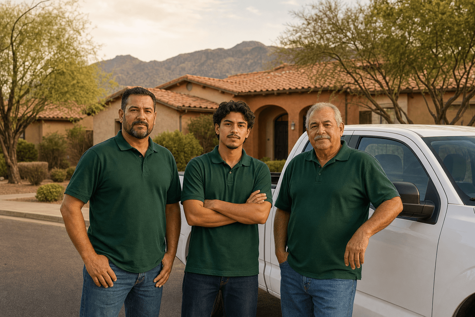 Three Anthem Summit Roofers crew members in matching pine-green polos in front of a clean white work truck on a quiet Anthem cul-de-sac.