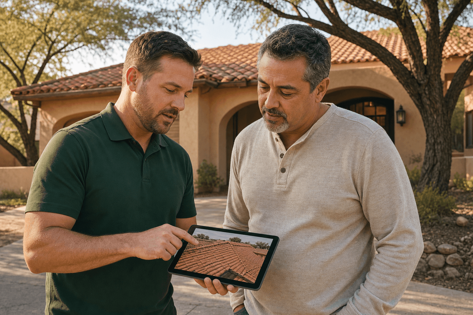 A senior estimator showing a tablet to a homeowner on the front driveway of a Spanish Colonial Anthem home, walking through the existing-conditions photos from the roof inspection.